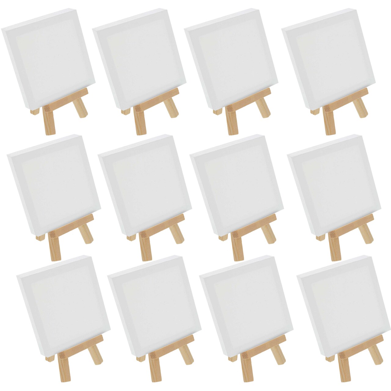5" x 5" Stretched Canvas with 8" High Small Natural Wooden Easel (12 Pack), A-Frame Canvas Stand Tripod, Small Painting Easels - Tabletop Easel for Painting, Canvases, Student Crafts